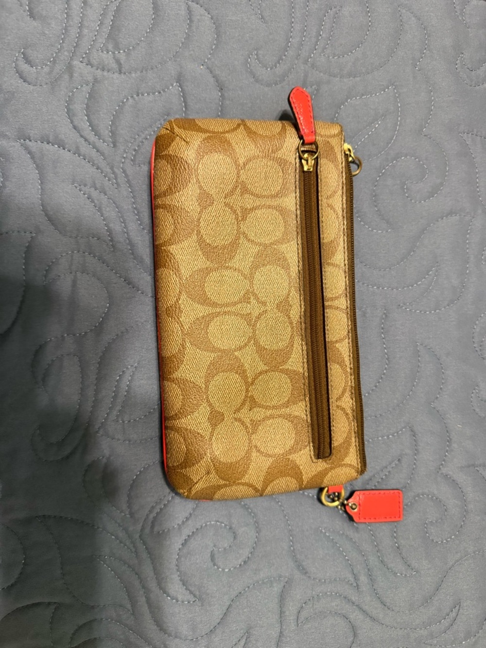 Coach Tan Signature Canvas Zip Wallet with Orange Trim - Picture 2 of 6